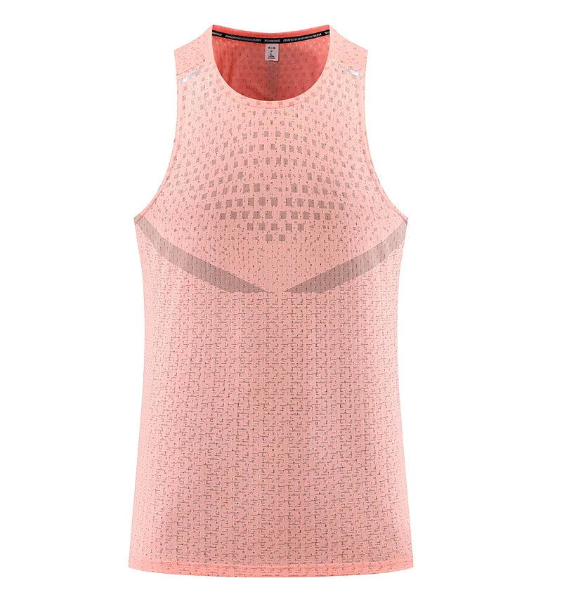 Men's breathable mesh gym vest tank, peach-pink, sleeveless with scoop neckline