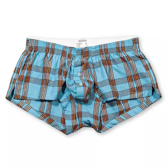 Plaid cotton boxer brief, light blue with brown plaid, button fly and elastic waist