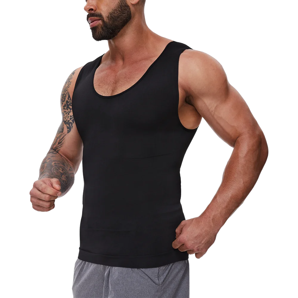 Black tummy control vest with scoop neck, three-quarter side view
