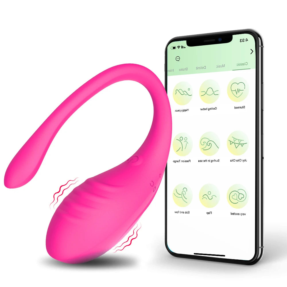 Pink U-shaped wearable G-spot vibrator with smartphone app showing mode selection icons