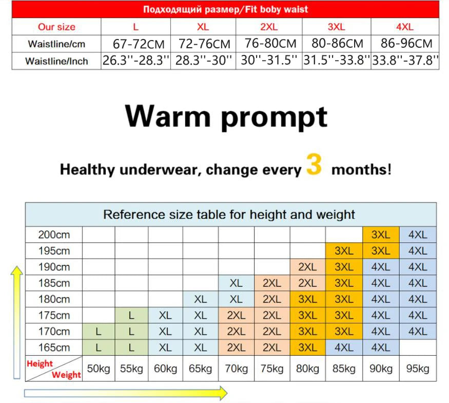 Boxer brief size chart with waistline ranges for multiple sizes