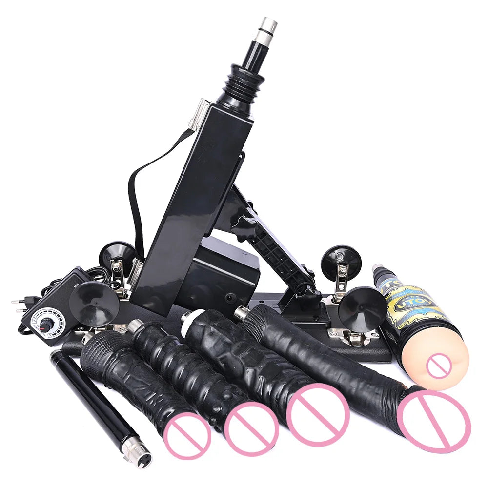 Automatic thrusting sex machine with black dildos and a blue accessory rod