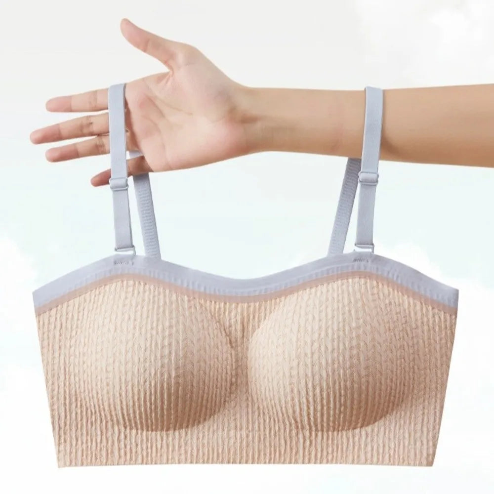 Nude wireless bra with adjustable straps and smooth molded cups, wireless support