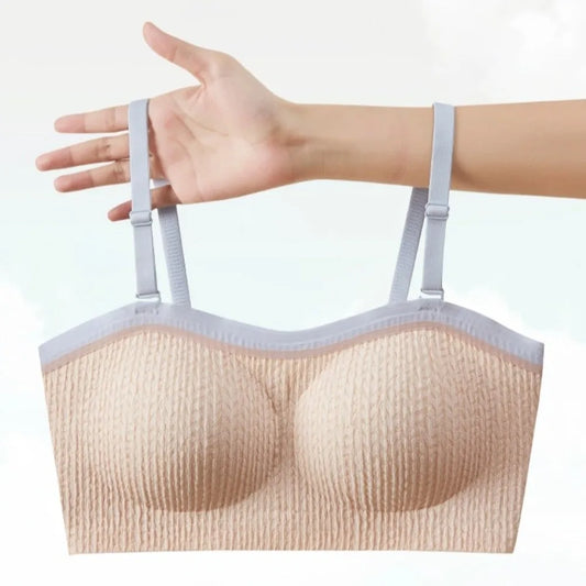 Nude wireless bra with adjustable straps and smooth molded cups, wireless support