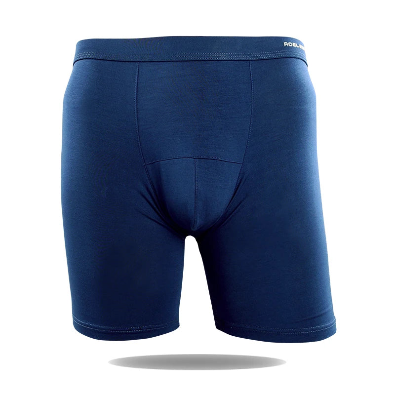 Dark navy blue modal compression boxer briefs, back view with supportive seams