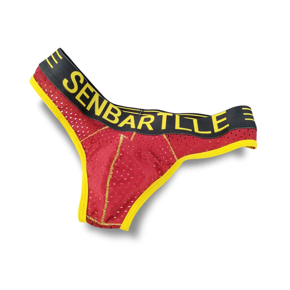 Red letter print U-pouch mesh brief with black waistband and yellow edge trim