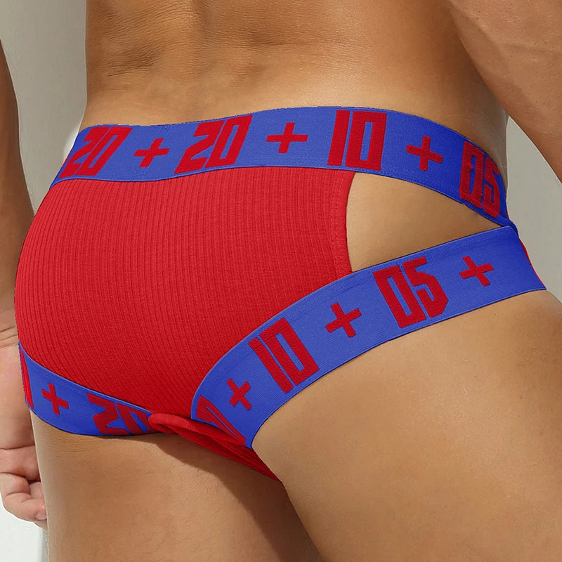 Classic stretch brief, red fabric with blue waistband and red numbers + signs