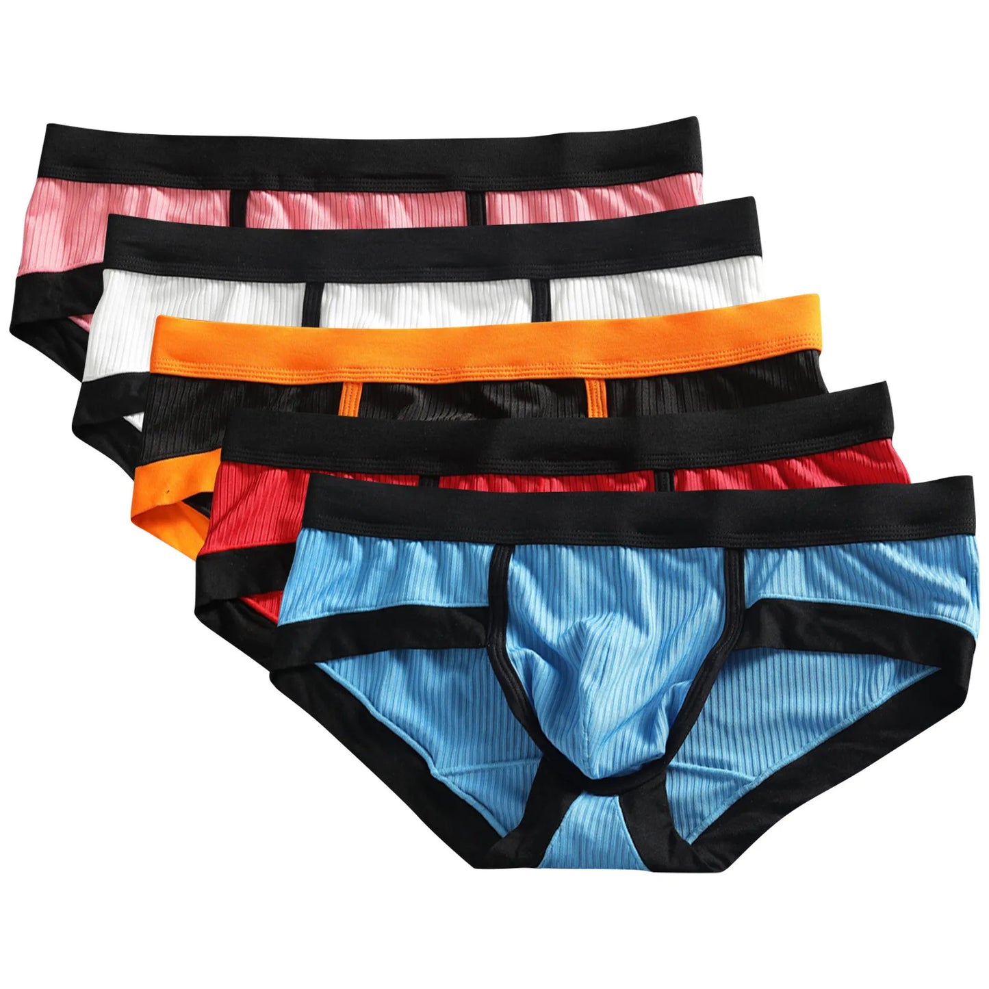 Set of striped U-pouch low-rise briefs in orange, red, blue, and white with black