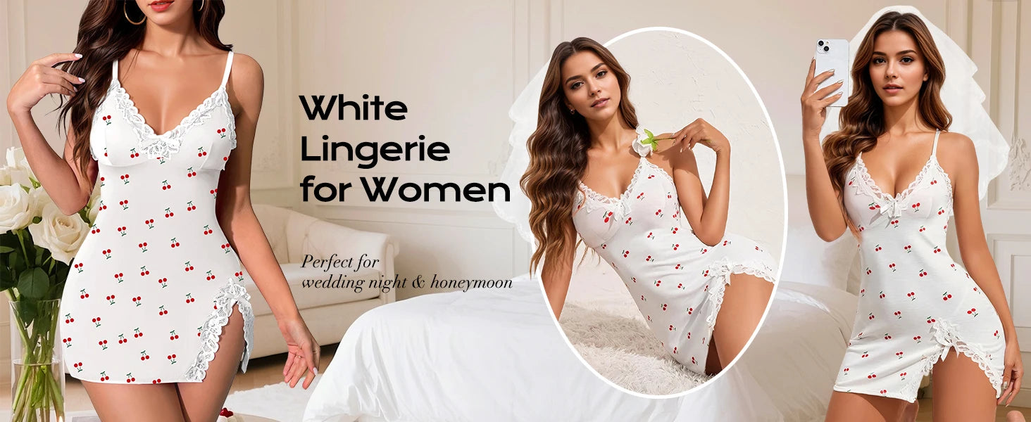 White babydoll chemise with red print and lace trim, V neckline with bow
