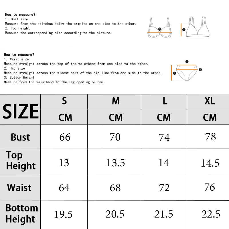 Size chart for bra and thong set: bust, waist, top height, bottom height (S–XL)
