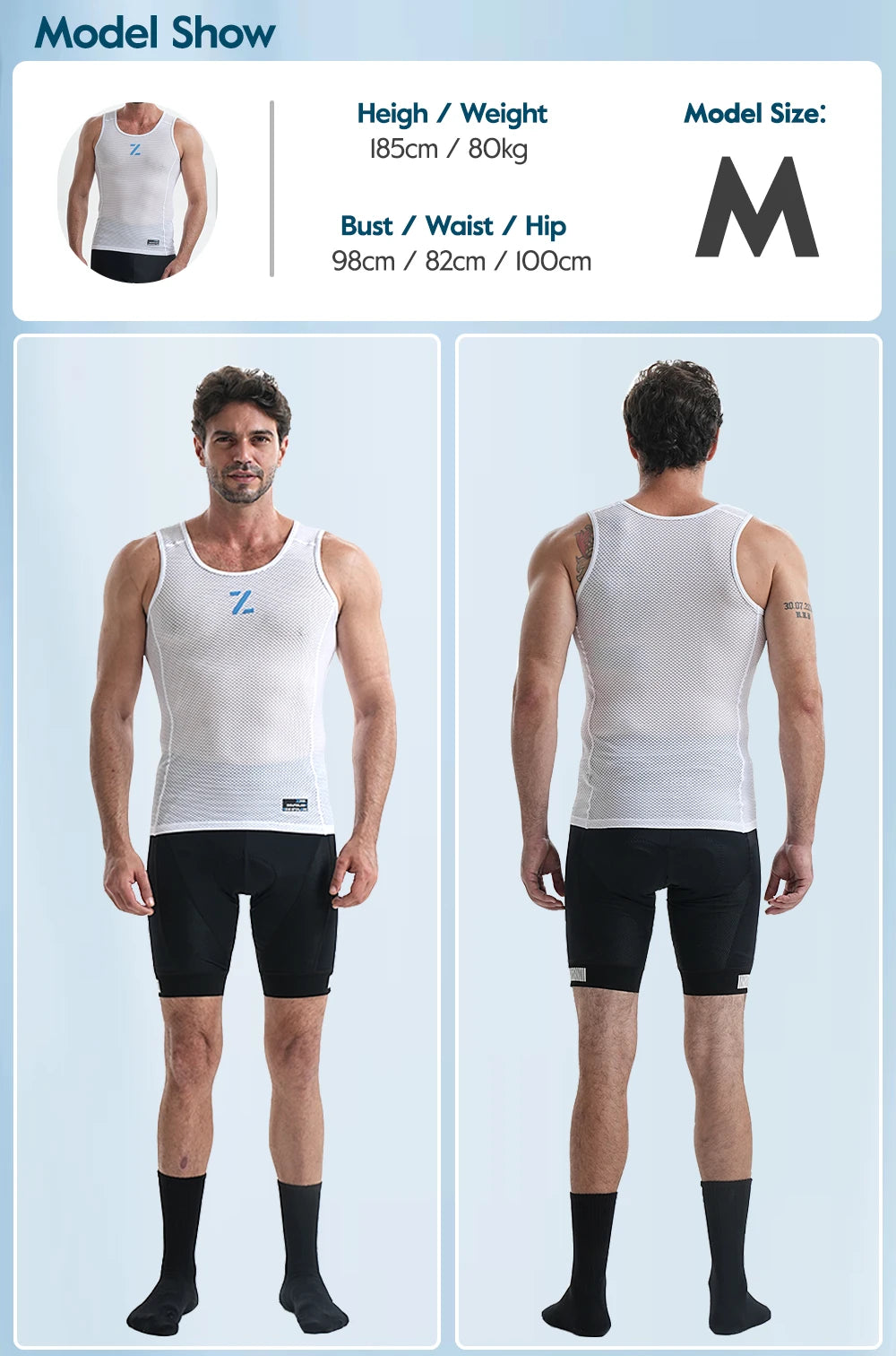 White mesh cycling base layer vest, front and back view on model