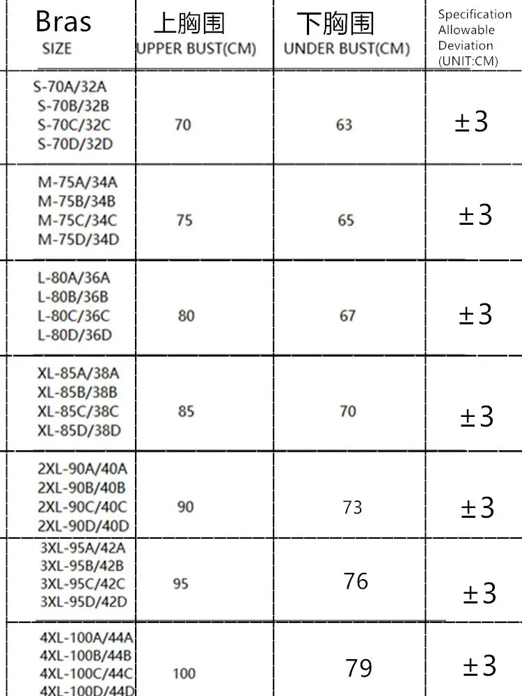 Bra size chart table listing upper bust and under bust measurements