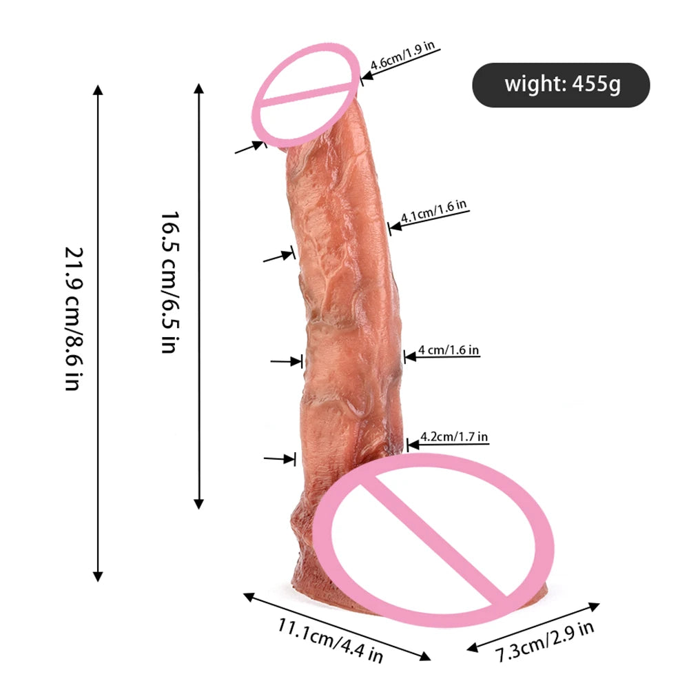Measurement diagram of orange-red silicone dildo with suction base, textured surface