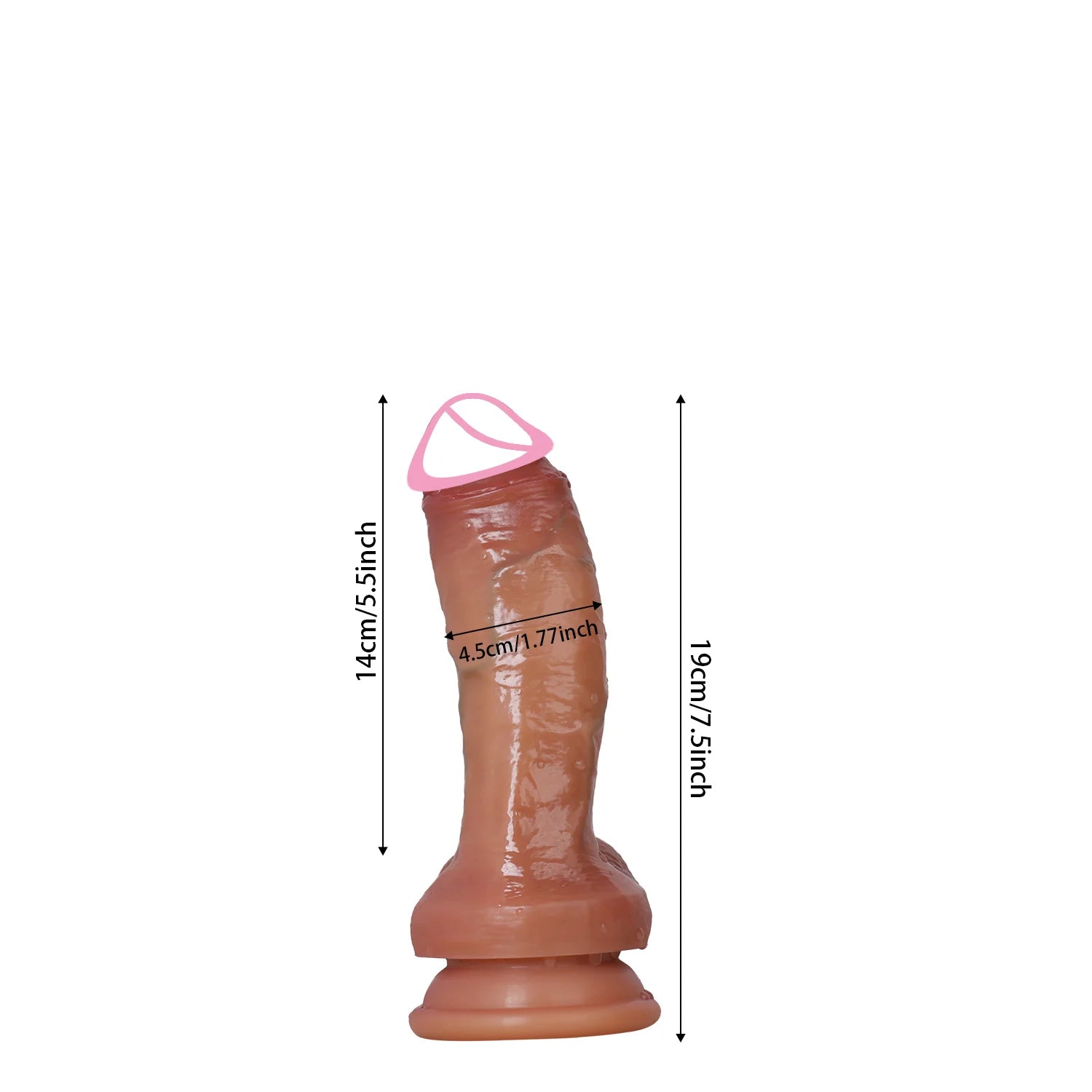 Realistic light-brown dildo with flared base; dimensions labeled 16cm/6.3in