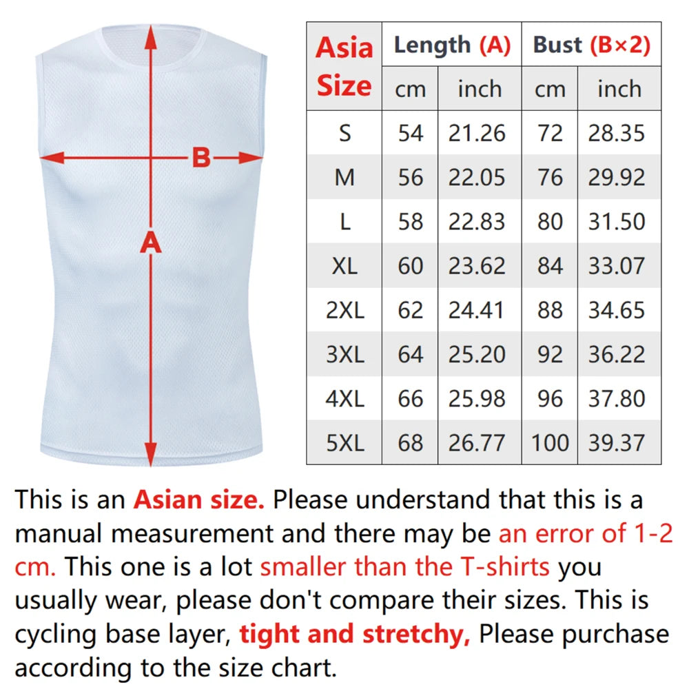 White reflective cycling base layer vest with measurement length overlay and size chart