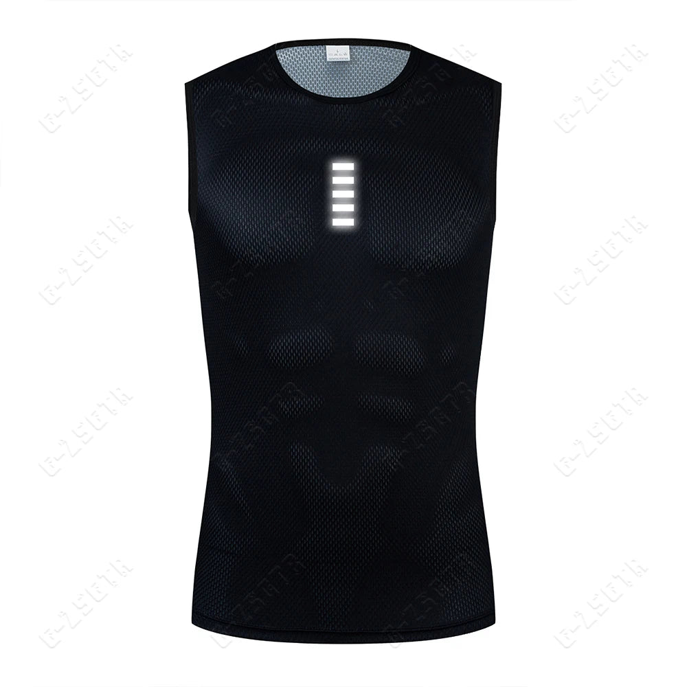 Men's black reflective cycling base layer vest, sleeveless mesh with vertical stripe