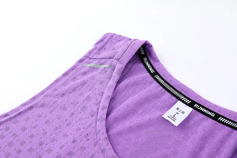 Purple mesh gym vest tank with contrast 'RUNNING' neck trim and shoulder seam