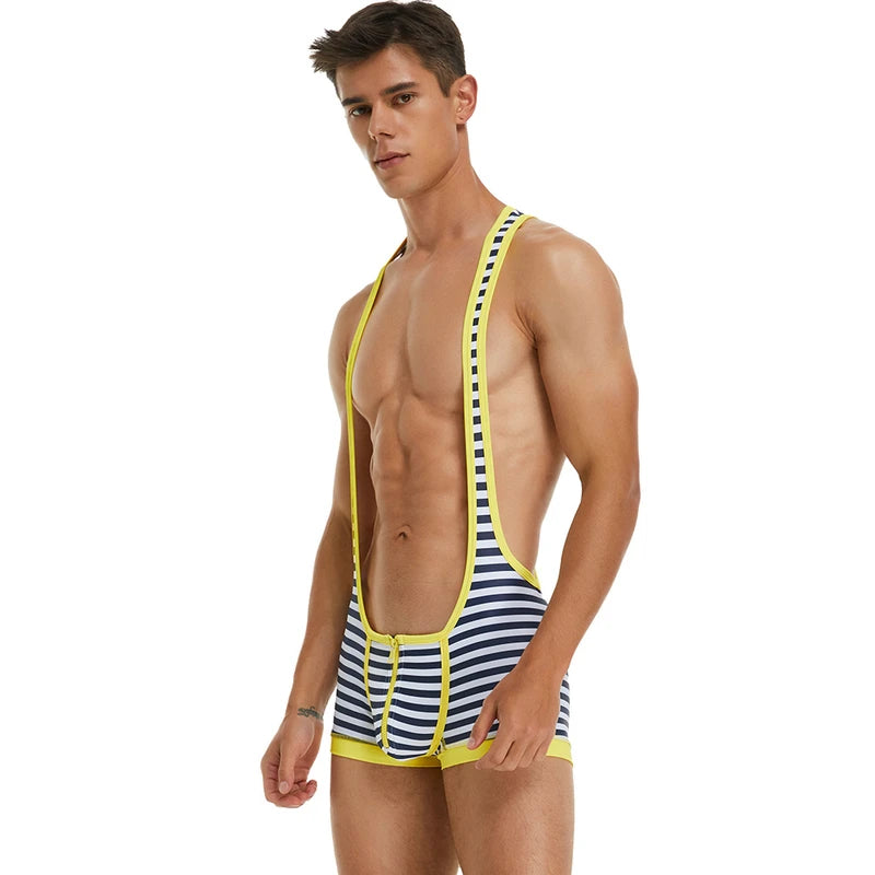 Men's striped camisole jumpsuit with yellow trim, front zipper, side view
