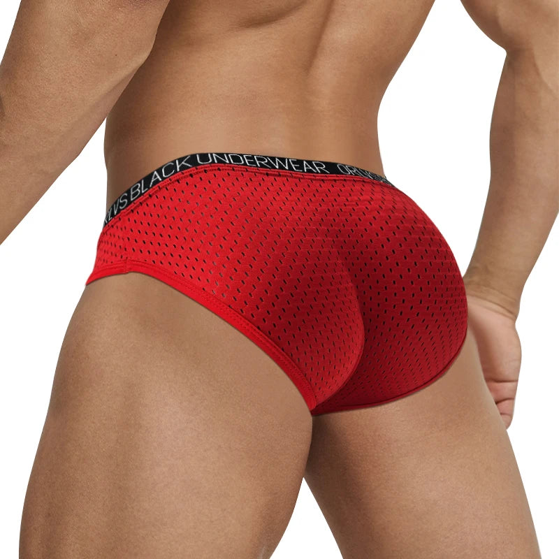 Red sheer mesh pouch brief shown from the back with black logo waistband