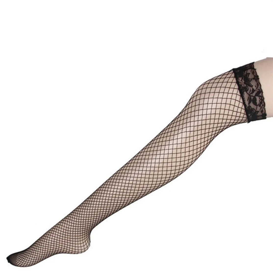 Black fishnet thigh-high sock with lace cuff trim