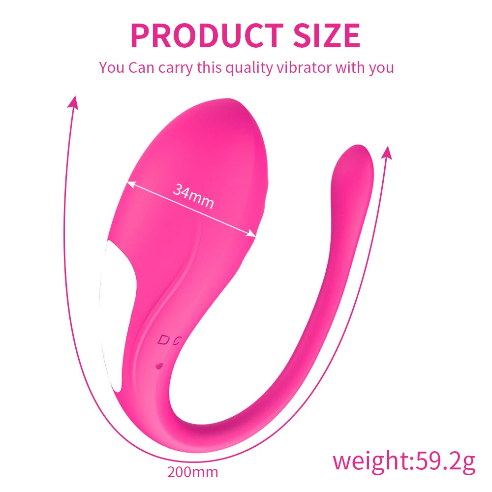 Pink curved G-spot vibrator with two prongs and size diagram markers