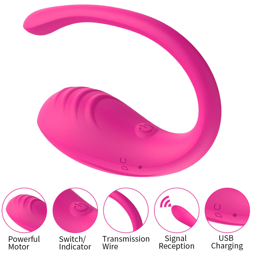 Pink curved G-spot vibrator close-up, power button and indicator labels