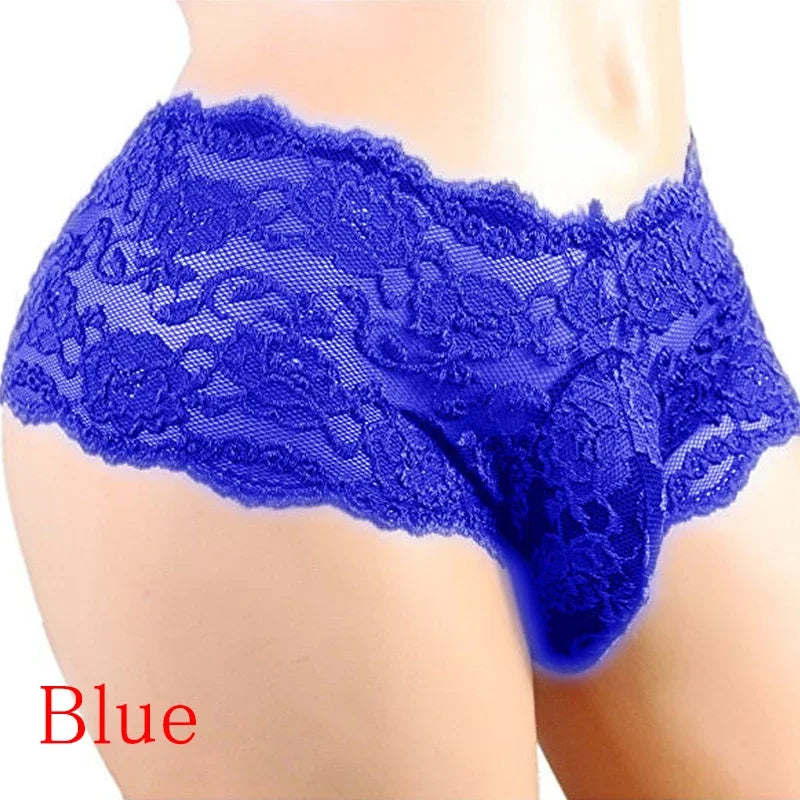 Blue lace sissy jockstrap brief with scalloped edges and floral lace pattern