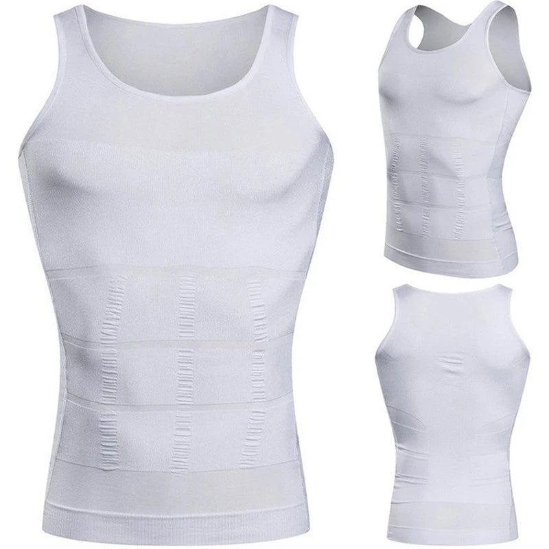 White compression corset vest showing front and back views with scoop neck
