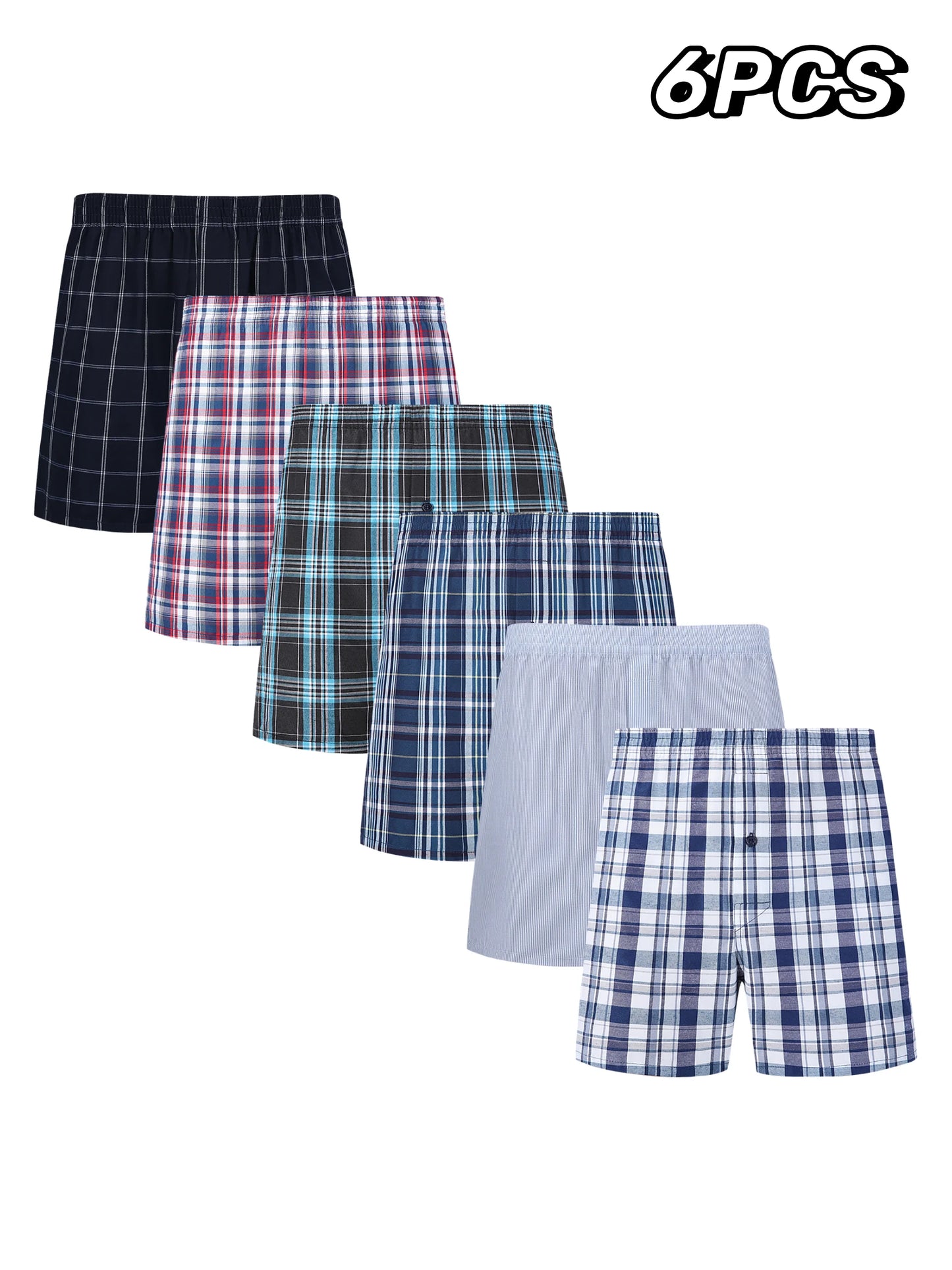 6-pack woven plaid boxer shorts in navy, blue, red, and light tones
