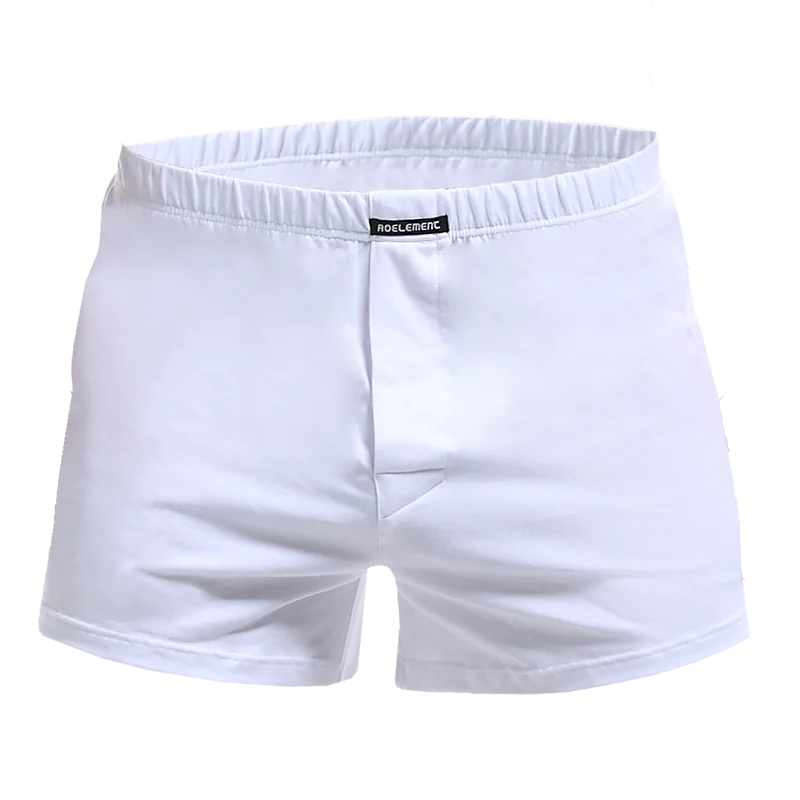 Cotton loose pyjama boxer shorts, white, elastic waistband, front fly, logo tag