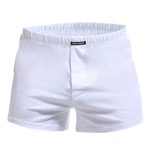 Cotton loose pyjama boxer shorts, white, elastic waistband, front fly, logo tag