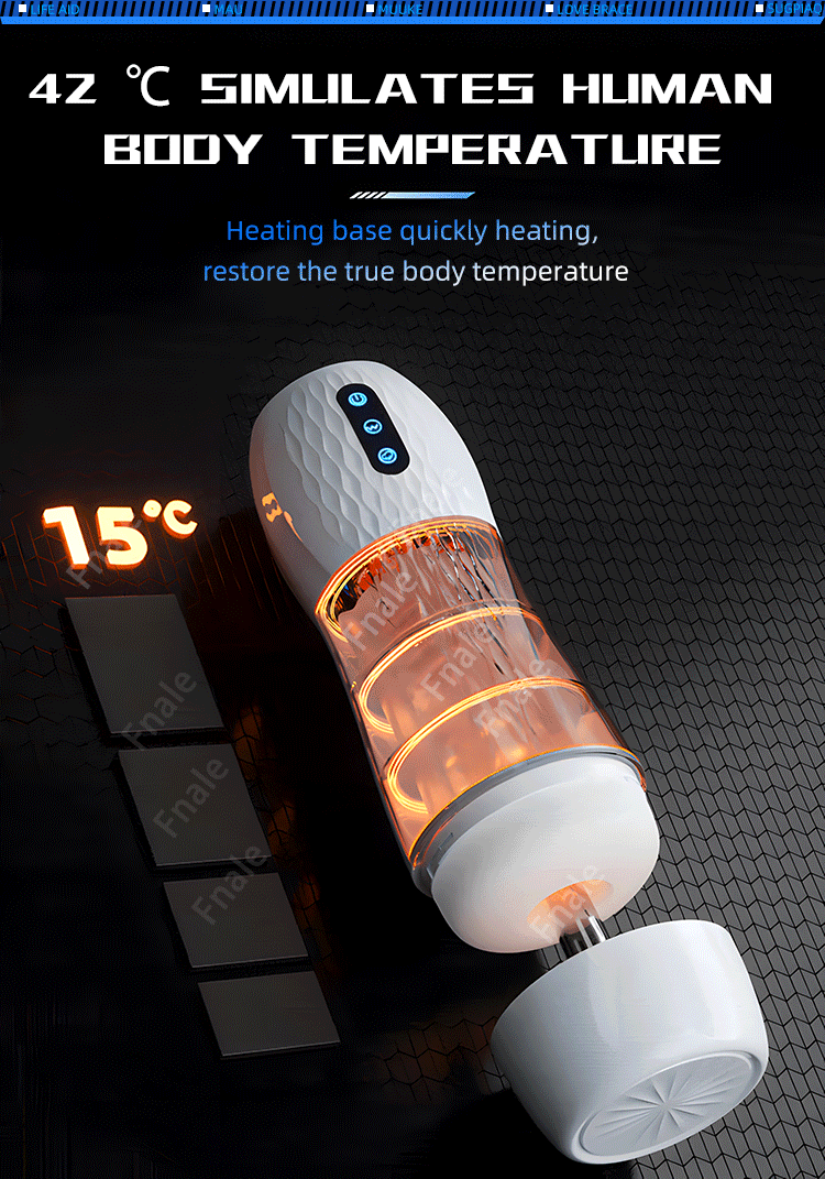 White masturbator cup with heated sleeve and LED glow on base, temperature effect
