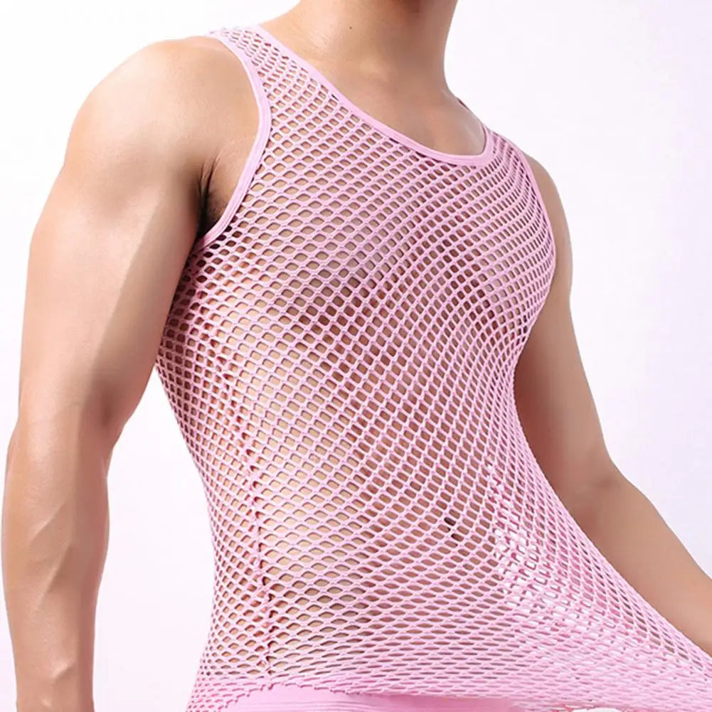 Pink sheer mesh long sleeve vest with round neckline and close-knit fishnet pattern