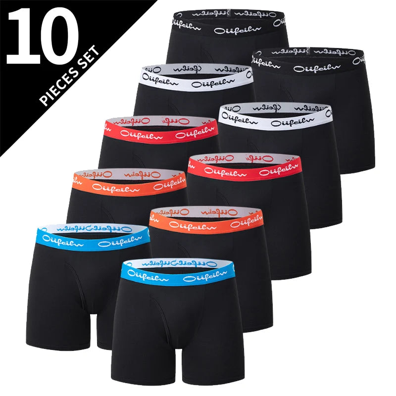 Ten-pack black boxer briefs with mixed color logo waistbands