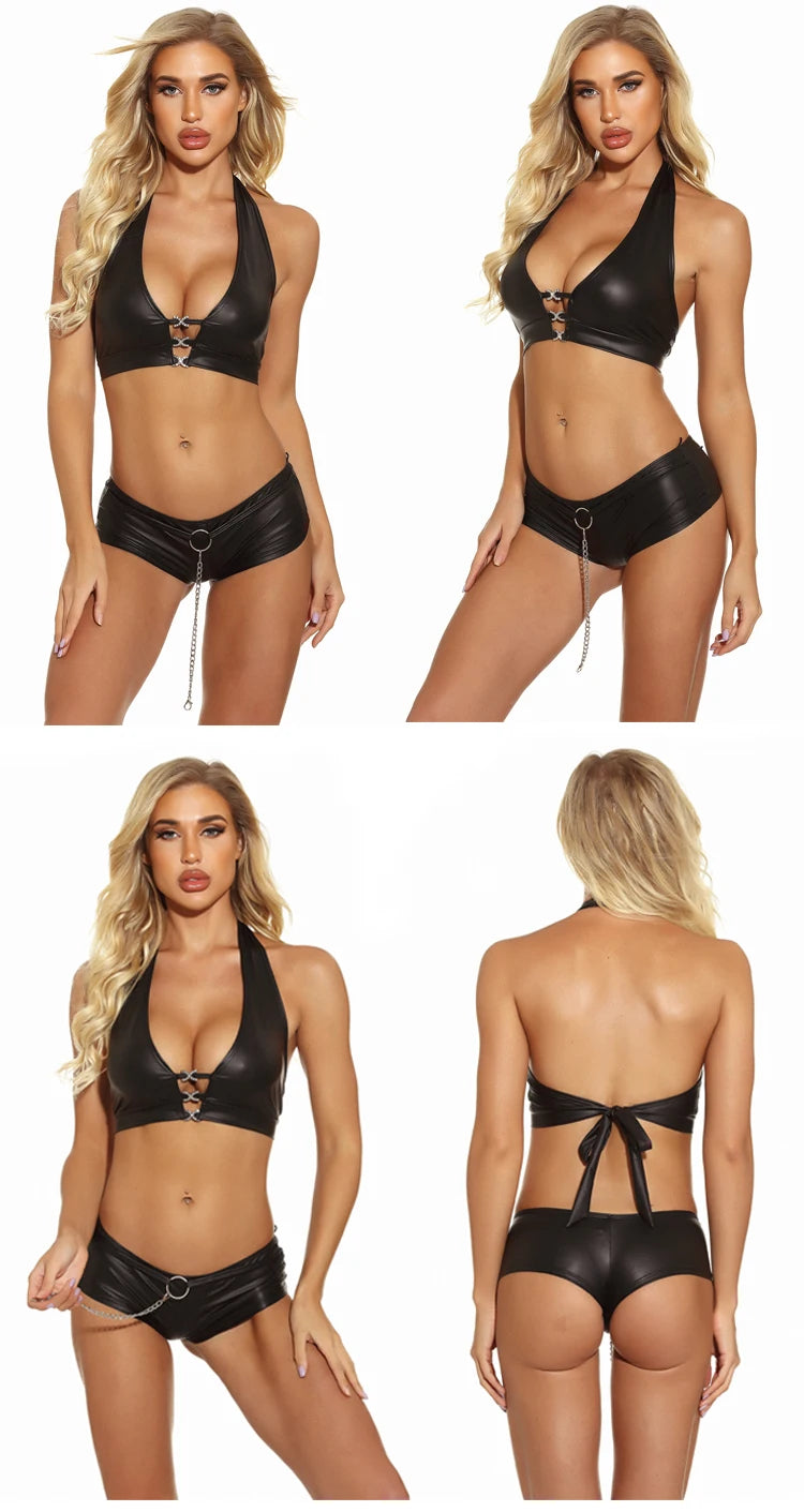Black cross-back bralette outfit photos: front and back views with bow detail