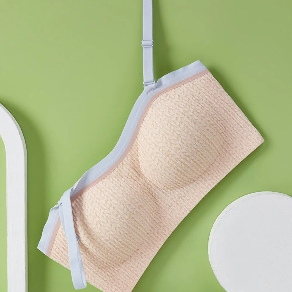 Nude beige seamless wireless bra with adjustable shoulder strap and elastic band