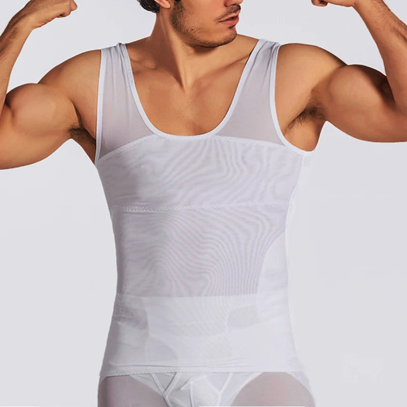 Men's white compression shapewear vest with breathable front mesh and stitched hem