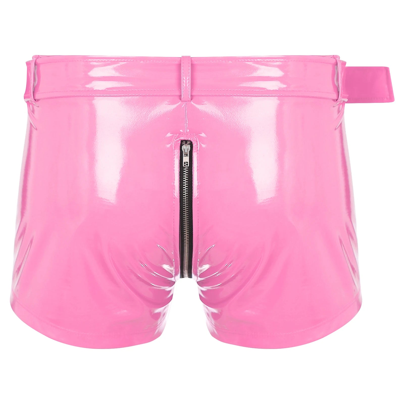 Pink wet-look PVC boxer briefs with front zipper and belt at the waist