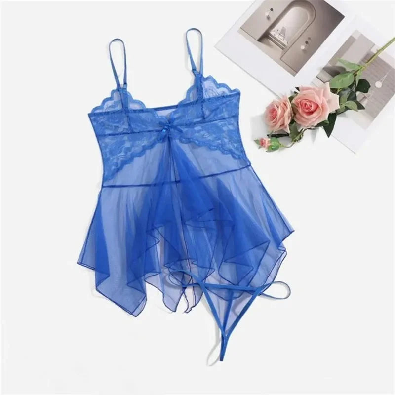 Blue sheer tulle lace babydoll set with bow front and matching panty, spaghetti straps