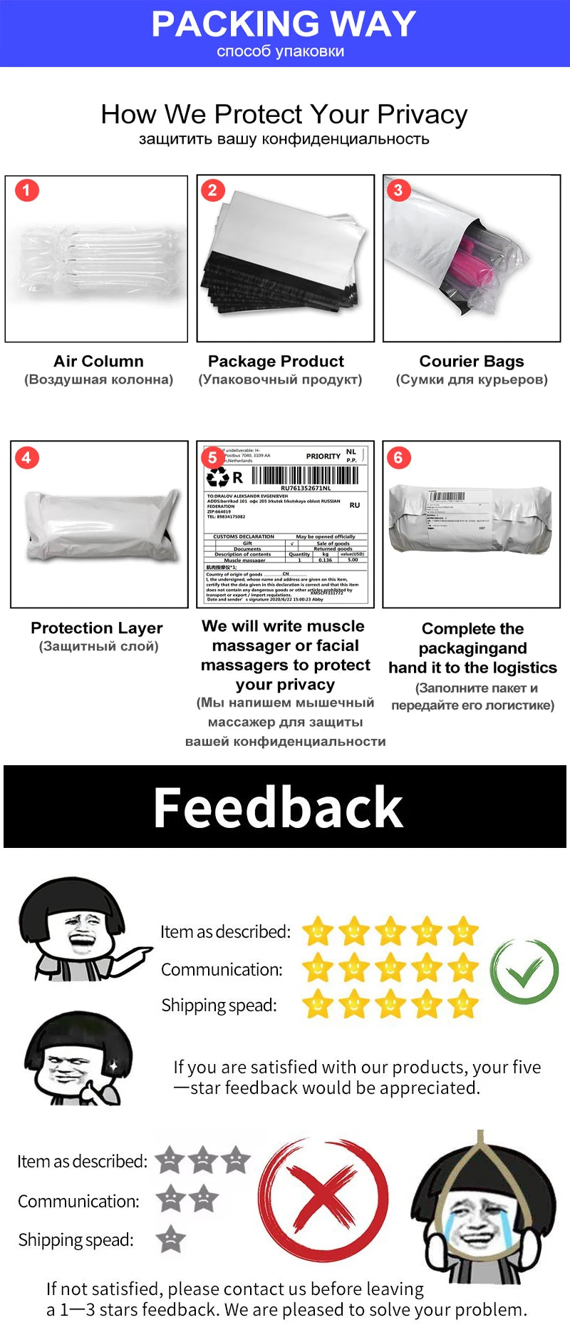Packaging protection and privacy shipping steps infographic with feedback section