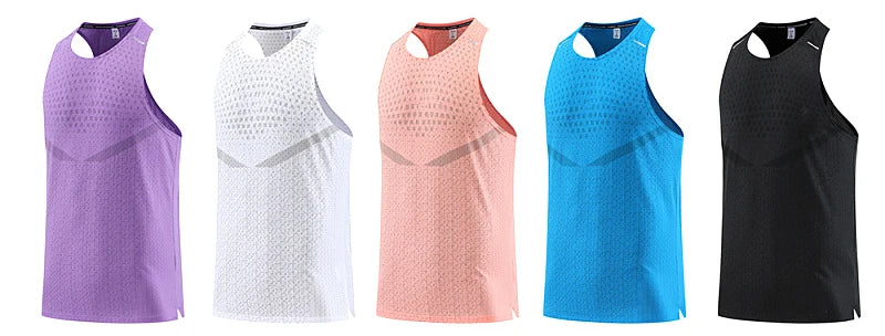 Men's mesh gym vest tanks shown in purple, white, peach, blue, and black colors