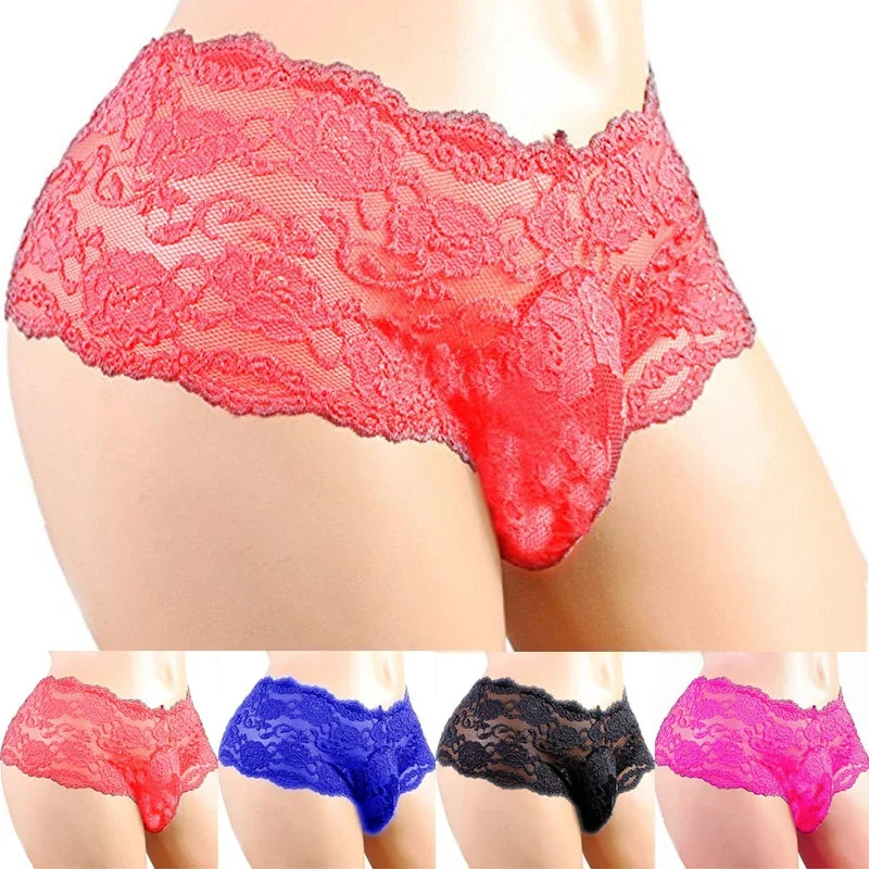 Red lace sissy jockstrap brief with scalloped edges and floral lace pattern