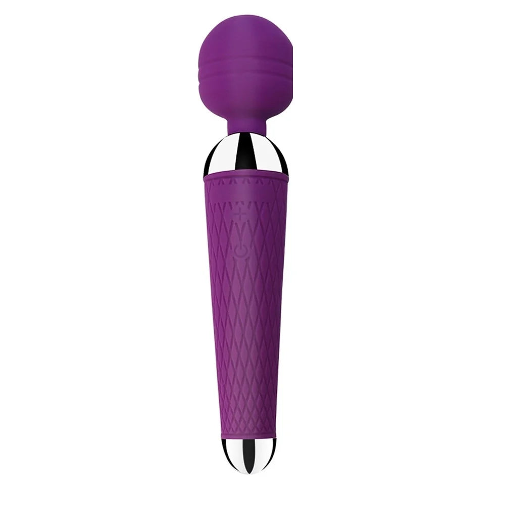 Rechargeable magic wand vibrator, purple body with rounded head and textured grip