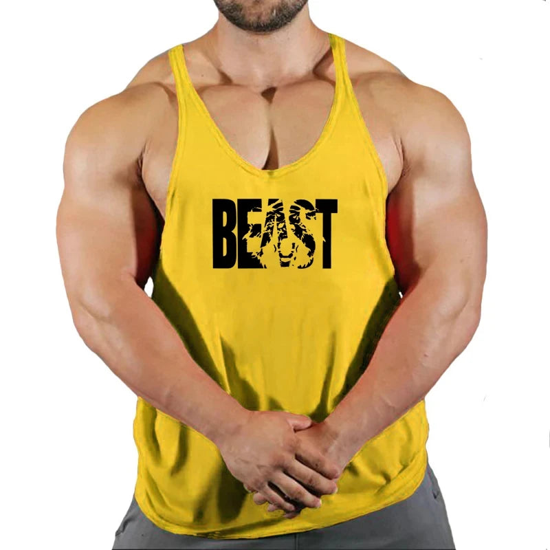 Gym stringer singlet, yellow, deep scoop neck and thin straps with BEAST chest print