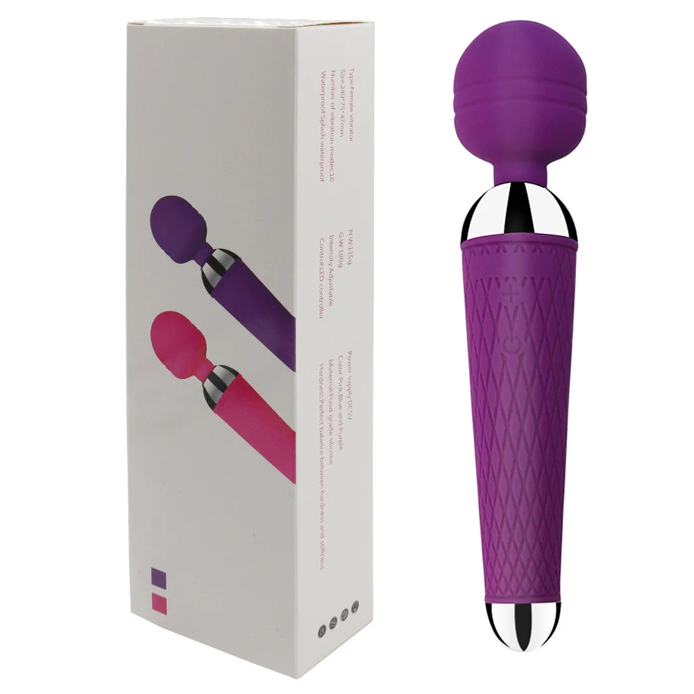 Rechargeable magic wand vibrator in purple with textured grip and round silicone head