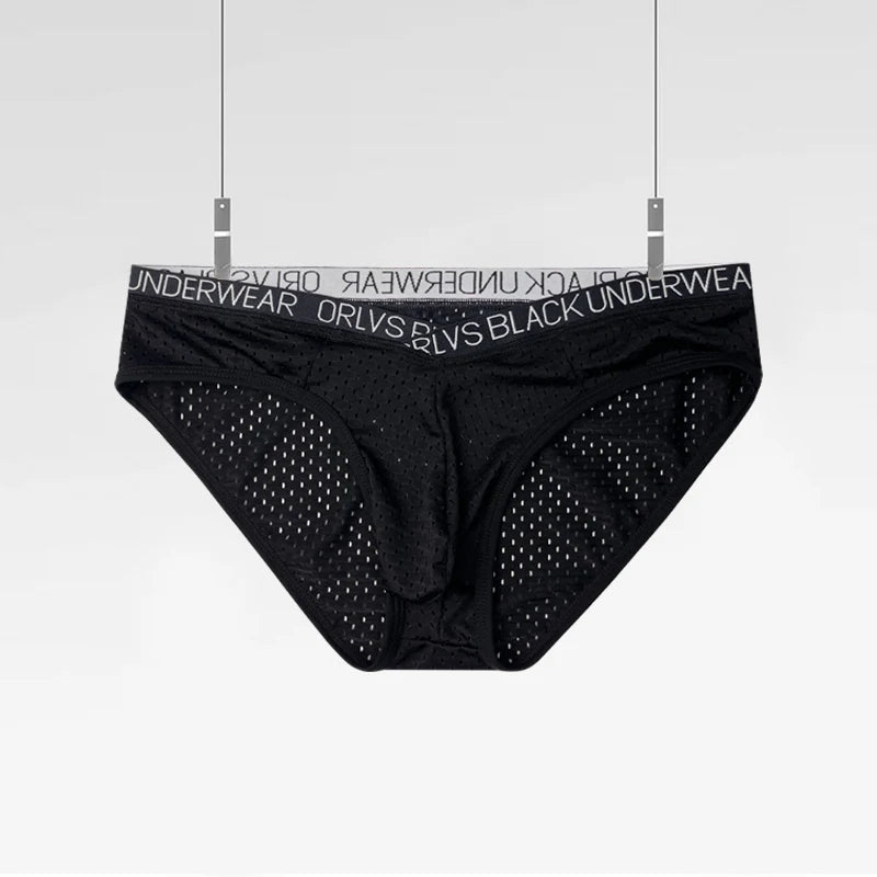Black sheer mesh pouch brief with dot mesh texture and logo waistband
