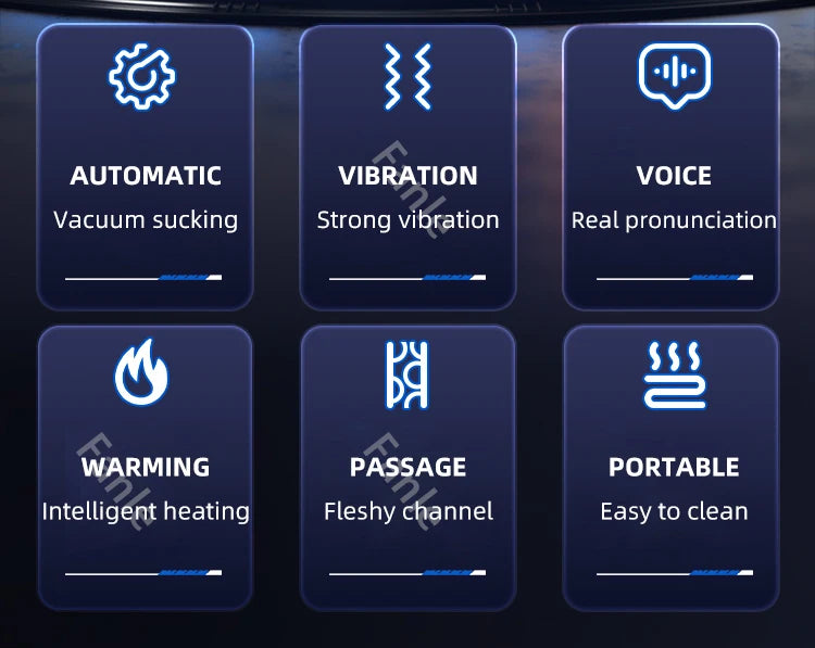 Feature icons panel: automatic vacuum, vibration, voice, warming, passage, portable