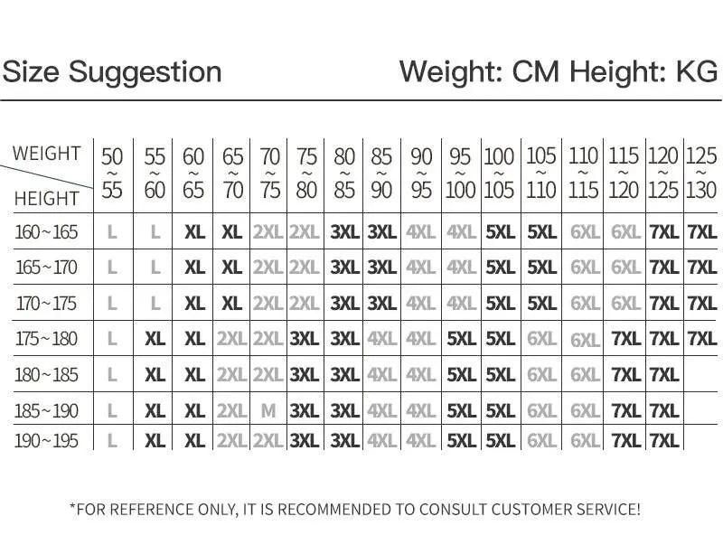 Size suggestion chart by weight and height for men's vest
