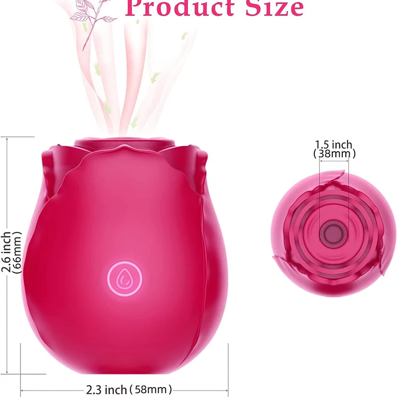 Red rose suction clitoral vibrator size diagram with measurements and round suction head