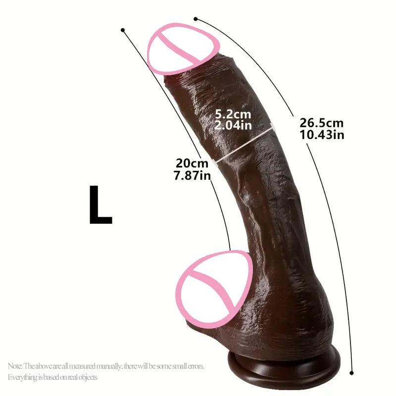 Oversized realistic dildo, L, dark brown/black tone, tapered curved design.
